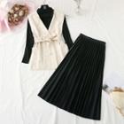 Set: Plain Knit Top + Tie-front Knit Vest + Midi A-line Skirt