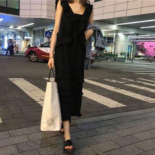 V-neck Ruffle Trim Sleeveless Midi Dress