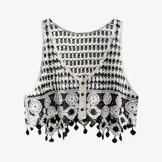Two-tone Fringed Single-breasted Crochet Vest