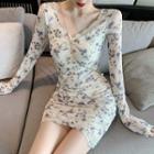 Long-sleeve Floral Print Mini Sheath Dress As Shown In Figure - One Size