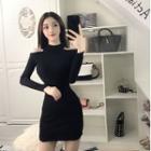 Cold-shoulder Plain Dress Black - One Size