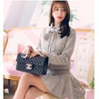 Set: Tie-neck Buttoned Jacket + High Waist Pleated Skirt