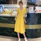 Short-sleeve Flower Trim Buttoned A-line Midi Dress