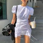 Plain Puff Sleeve Drawstring Mini Dress White - One Size