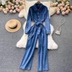 Lapel Lace-up Strap Long-sleeve Denim Jumpsuit