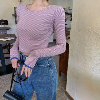 Pinstriped Long-sleeve Crop T-shirt Stripes - One Size