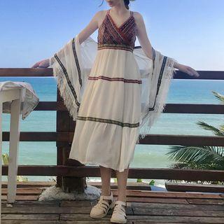 Patterned Strappy Midi A-line Dress / Light Jacket