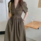 Short-sleeve V-neck Shirred Plaid Dress