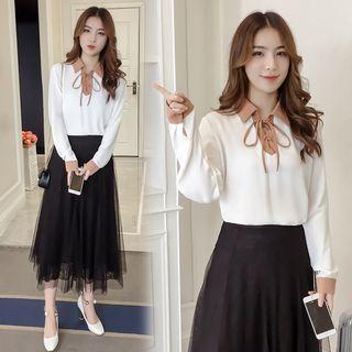 Lace Up Detail Collared Chiffon Shirt