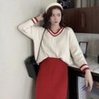 V-neck Sweater / Midi Fitted Knit Skirt