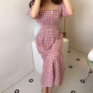 Gingham Elbow-sleeve Square-neck Midi A-line Dress
