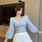 Balloon-sleeve Striped Knit Top / Mini A-line Skirt