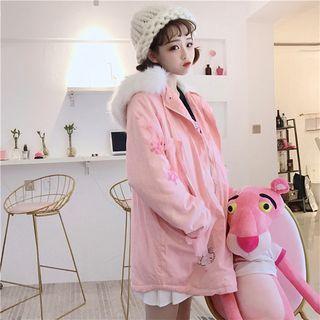 Furry-trim Rabbit Print Zip Hooded Padded Jacket