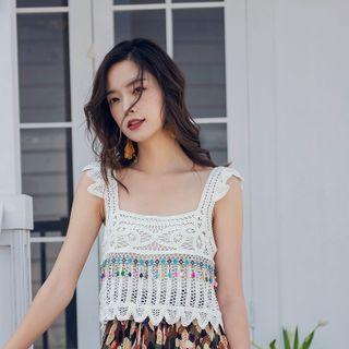 Square-neck Crochet Tank Top White - One Size