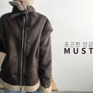Funnel-neck Oversized Faux-shearling Jacket