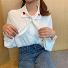 Heart Embroidered Tie-neck Blouse White - One Size