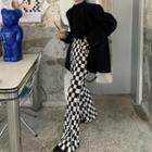 Long-sleeve Mock-neck T-shirt / Checkered Boot-cut Pants