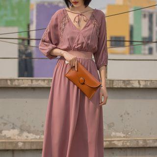 Lace Panel 3/4 Sleeve Chiffon Dress