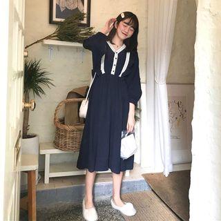 Balloon-sleeve Ruffle A-line Dress Blue - One Size