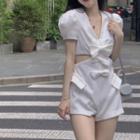Puff-sleeve Cut-out Ribbon Romper