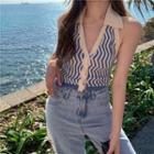 Sleeveless V-neck Pattern Slim-fit Halter Knit Top
