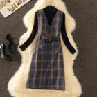Long-sleeve Knit Top / Plaid Midi Pinafore Dress / Set