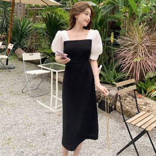 Puff-sleeve Panel Square-neck A-line Dress