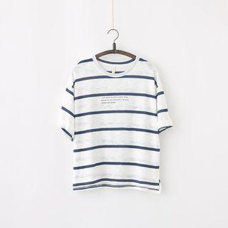 Striped Lettering Elbow-sleeve T-shirt