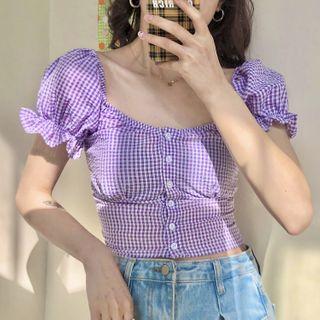 Short-sleeve Square-neck Plaid Top