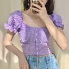 Short-sleeve Square-neck Plaid Top