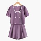 Set: Short-sleeve Double-breasted Blouse + Wide-leg Shorts