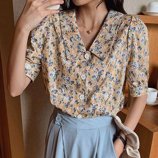 Short-sleeve Floral Chiffon Blouse Yellow - One Size