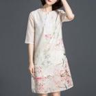 Floral Print Elbow-sleeve Silk Dress