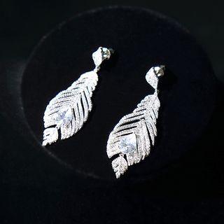 Wedding Rhinestone Leaf Dangle Earring Silver - One Size