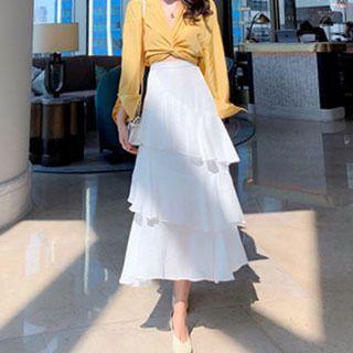 Set: Long Sleeve V-neck Knotted Blouse + Layered A-line Skirt