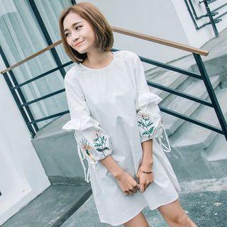Embroidered Ruffle Trim 3/4-sleeve Dress