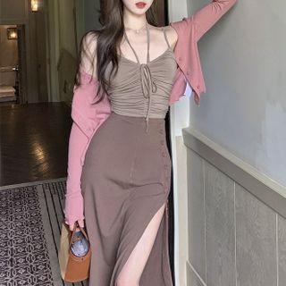 Halter Camisole Top / Slit Midi Pencil Skirt / Cardigan