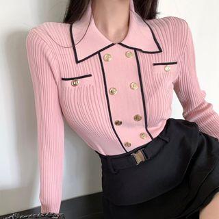 Ribbed Double-breasted Polo Knit Top