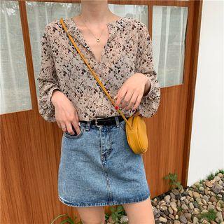 Long Sleeve V-neck Floral Blouse As Shown In Figure - One Size