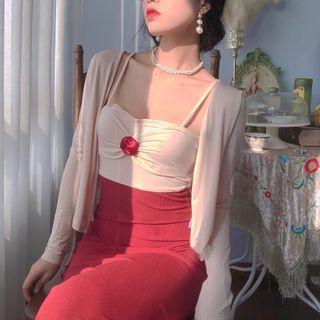Spaghetti Strap Floral-accent Midi Sheath Dress / Cardigan