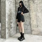 Print Sleeveless T-shirt / Cropped Blazer / A-line Skirt