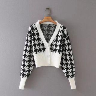 Lantern-sleeve Houndstooth Panel Cardigan Black - One Size