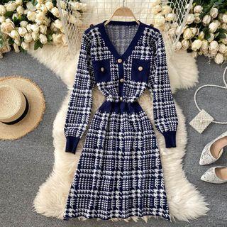 Plaid Long-sleeve Knit A-line Dress