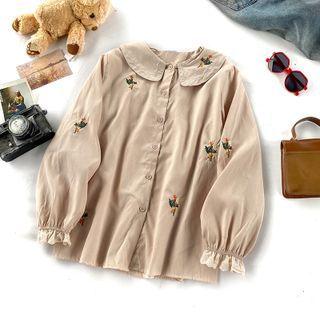 Floral Embroidered Blouse Shirt - Almond - One Size