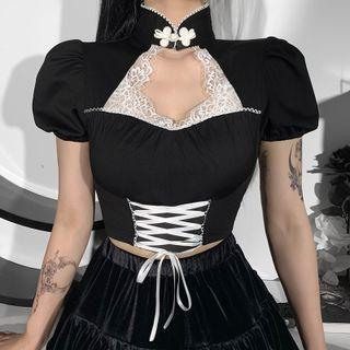 Puff-sleeve Mock-neck Lace Panel Lace-up Crop Top