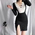 Two-tone Cut-out Long-sleeve Slit Mini Sheath Dress