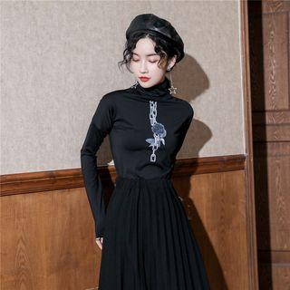 Flower Print Turtleneck Long-sleeve Top