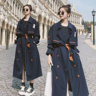 Notch Lapel Contrast Trim Tie-waist Trench Coat