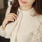 Brooch-neck Lace Long-sleeve Mini Flared Dress