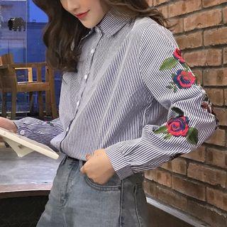 Embroidered Long-sleeve Pinstriped Shirt